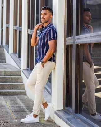 Men's Navy Vertical Striped Short Sleeve Shirt, Beige Chinos, White Leather Low Top Sneakers, Silver Watch