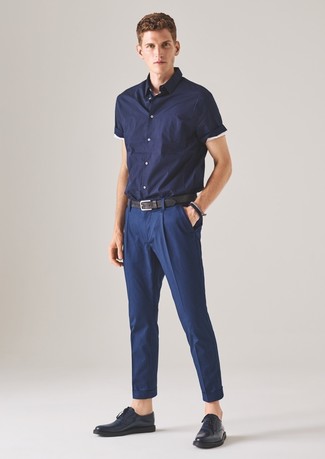 Blue Leather Derby Shoes Outfits: This look demonstrates that it pays to invest in such elegant menswear pieces as a navy short sleeve shirt and navy dress pants. Let your outfit coordination skills really shine by rounding off your getup with a pair of blue leather derby shoes.