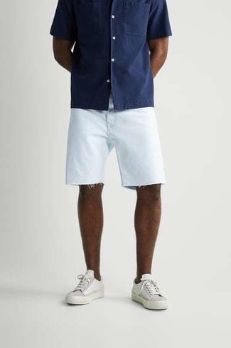 Men's Navy Short Sleeve Shirt, White Denim Shorts, White Canvas Low Top Sneakers