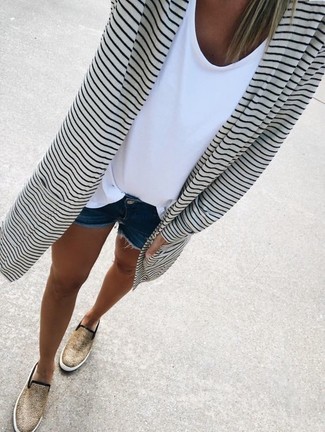 White Horizontal Striped Open Cardigan Outfits For Women: 