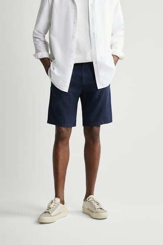 Men's White Canvas Low Top Sneakers, Navy Shorts, White Crew-neck T-shirt, White Long Sleeve Shirt