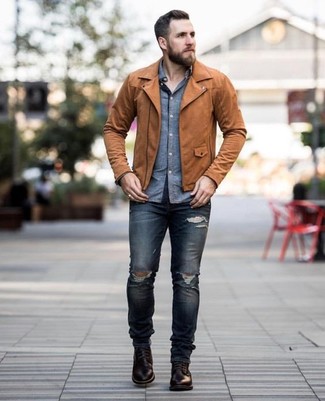 Men's Dark Brown Leather Casual Boots, Navy Ripped Skinny Jeans, Blue Chambray Long Sleeve Shirt, Brown Leather Biker Jacket