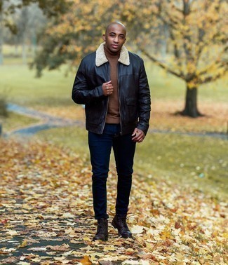 Men's Dark Brown Leather Casual Boots, Navy Skinny Jeans, Brown Turtleneck, Black Leather Harrington Jacket