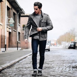 Men's Black Leather Derby Shoes, Navy Skinny Jeans, Grey Crew-neck Sweater, Grey Military Jacket