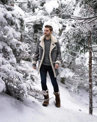 Men's Olive Snow Boots, Navy Skinny Jeans, Grey Crew-neck Sweater, Grey Shearling Coat