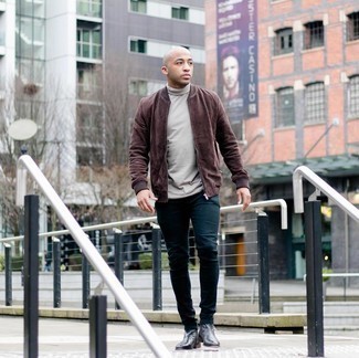 Dark Brown Bomber Jacket with Skinny Jeans Outfits For Men: 
