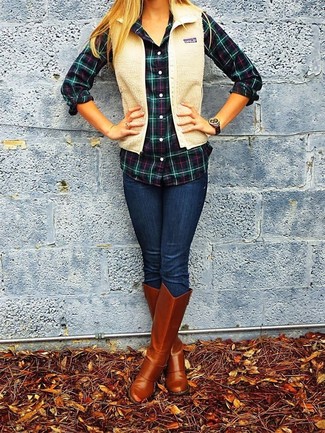 Women's Tobacco Leather Knee High Boots, Navy Skinny Jeans, Navy and Green Plaid Dress Shirt, Beige Fleece Gilet