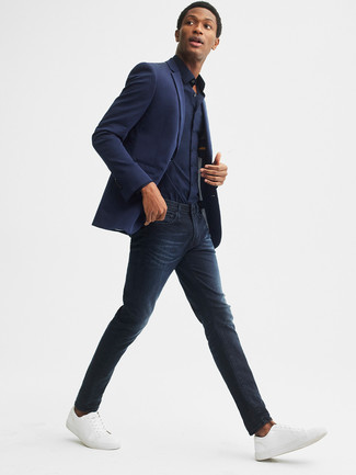 Navy Skinny Jeans with Dress Shirt Outfits For Men: 