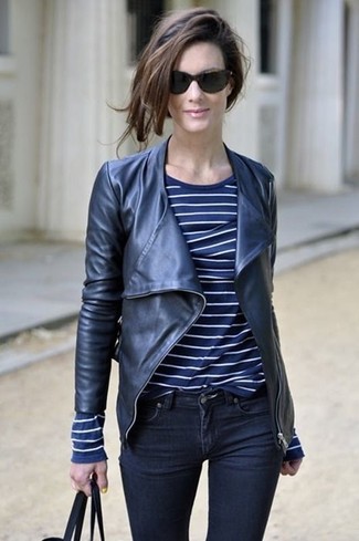 Navy Leather Biker Jacket Outfits For Women: 