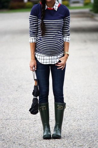 Blue Horizontal Striped Crew-neck Sweater Outfits For Women: 