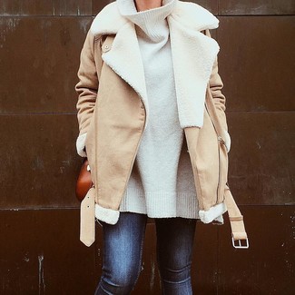 Women's Tobacco Leather Crossbody Bag, Navy Skinny Jeans, White Oversized Sweater, Tan Shearling Jacket