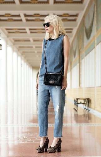 Women's Navy Sleeveless Top, Light Blue Boyfriend Jeans, Brown Leopard Suede Pumps, Black Quilted Leather Crossbody Bag