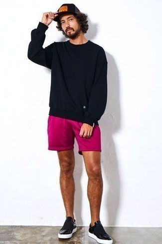 Men's Navy Print Baseball Cap, Navy Leather Slip-on Sneakers, Hot Pink Shorts, Navy Sweatshirt