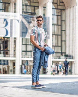 Multi colored Vertical Striped Crew-neck T-shirt Outfits For Men In Their 30s: 