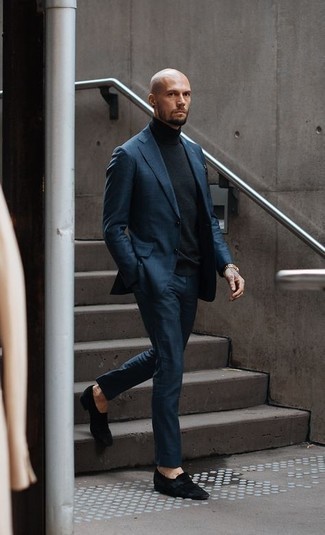 Black Turtleneck Outfits For Men: Indisputable proof that a black turtleneck and a navy suit are awesome when worn together in a classy outfit for a modern man. A cool pair of black suede loafers pulls this getup together.