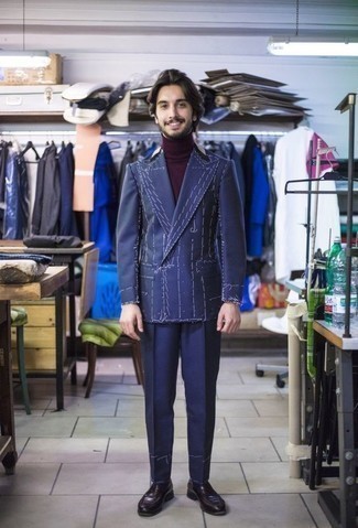 Navy Print Suit Outfits: Pair a navy print suit with a dark purple turtleneck for a sleek sophisticated menswear style. For a more polished aesthetic, why not introduce a pair of dark purple leather loafers to this look?