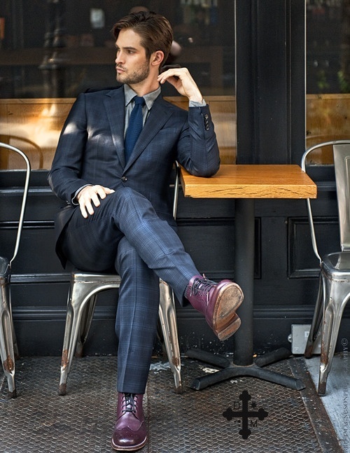 Men'S Navy Plaid Suit, Grey Dress Shirt, Purple Leather Brogue Boots, Navy  Tie | Lookastic