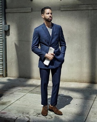 Dark Brown Suede Oxford Shoes Outfits: Consider teaming a navy suit with a grey v-neck t-shirt and you'll exude manly sophistication and polish. Add dark brown suede oxford shoes to this look to kick things up to the next level.