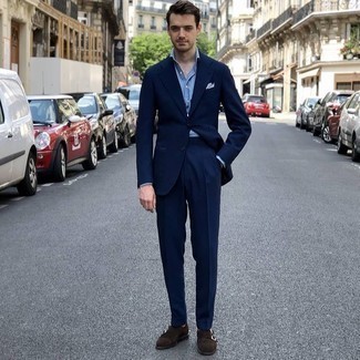 Light Blue Chambray Dress Shirt Outfits For Men: A light blue chambray dress shirt and a navy suit are a truly sharp outfit to try. Dark brown suede double monks are an effortless way to upgrade this ensemble.
