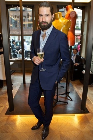 Jack Guinness wearing Navy Suit, Light Blue Long Sleeve Shirt, Dark Brown Leather Oxford Shoes