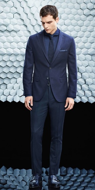 Blue Knit Tie Outfits For Men: Team a navy suit with a blue knit tie to have all eyes on you. You can get a little creative with footwear and introduce black leather double monks to this look.
