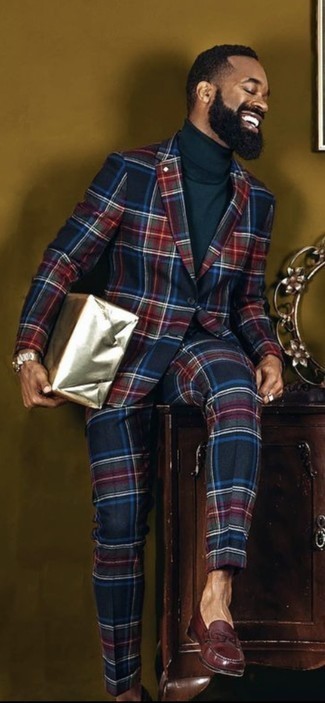 Blue Plaid Suit Outfits: This pairing of a blue plaid suit and a navy turtleneck looks awesome, but it's also super easy to wear. Not sure how to complete your outfit? Rock a pair of burgundy leather loafers to ramp it up.