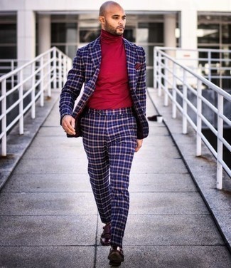 Burgundy Pocket Square Fall Outfits: The combination of a navy plaid suit and a burgundy pocket square makes for a solid casual ensemble. Got bored with this ensemble? Enter a pair of burgundy leather double monks to switch things up. It's a savvy idea if you're planning a well-coordinated ensemble for unpredictable fall weather.