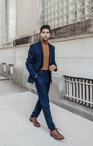 Dark Brown Suede Oxford Shoes Outfits: Try pairing a navy suit with a tan turtleneck for an incredibly classic look. You could follow a more elegant route on the shoe front by wearing a pair of dark brown suede oxford shoes.