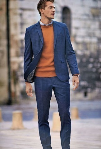 Brown Crew-neck Sweater Outfits For Men: Putting together a brown crew-neck sweater and a navy plaid suit is a fail-safe way to breathe personality into your closet.