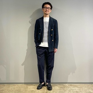 Men's Navy Suit, White and Black Horizontal Striped Crew-neck T-shirt, Black Leather Loafers, Clear Sunglasses