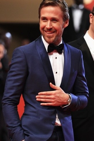 Ryan Gosling wearing Navy Suit, White Dress Shirt, Black Bow-tie
