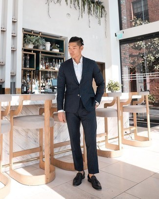 Navy Vertical Striped Suit with White Dress Shirt Outfits: This pairing of a navy vertical striped suit and a white dress shirt is extra stylish and creates instant appeal. When not sure about the footwear, throw black leather tassel loafers in the mix.