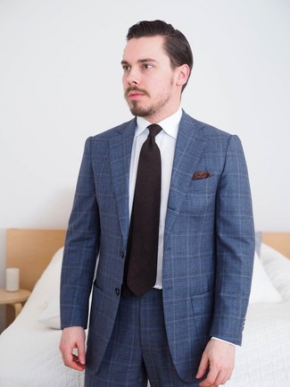 Navy Plaid Suit Outfits: To look like a modern gentleman, team a navy plaid suit with a white dress shirt.