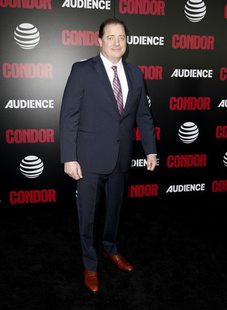 Brendan Fraser wearing Navy Suit, White Dress Shirt, Brown Leather Derby Shoes, Pink Vertical Striped Tie