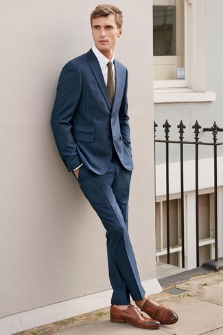 Navy Vertical Striped Suit Outfits: A navy vertical striped suit looks especially polished when paired with a white dress shirt for an ensemble worthy of a complete gentleman. All you need now is a pair of brown leather double monks.