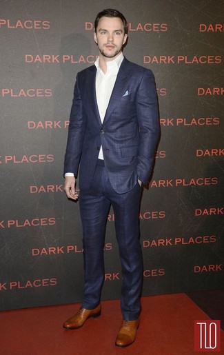 Nicholas Hoult wearing Navy Suit, White Dress Shirt, Brown Leather Oxford Shoes, Light Blue Pocket Square
