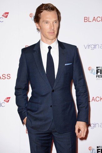Benedict Cumberbatch wearing Navy Suit, White Dress Shirt, Navy Tie, Light Blue Pocket Square