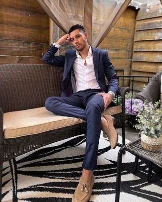 White and Red Dress Shirt with Suit Warm Weather Outfits: To look modern and stylish, wear a suit and a white and red dress shirt. Tan suede tassel loafers will add more character to your ensemble.