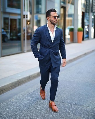 Men's Navy Vertical Striped Suit, White Dress Shirt, Tobacco Leather Double Monks, Navy Sunglasses