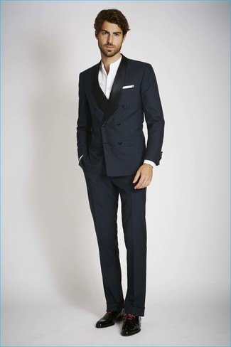 Men's Navy Suit, White Long Sleeve Shirt, Black Leather Oxford Shoes, White Pocket Square
