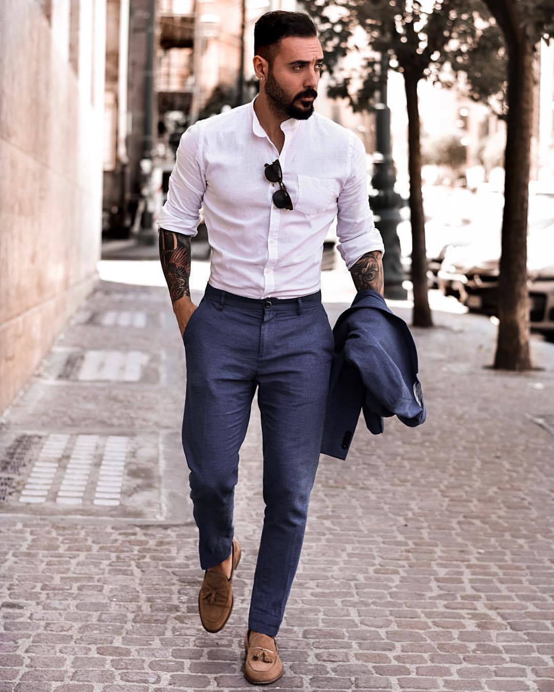 Men's Navy Linen Suit, White Long Sleeve Shirt, Brown Suede Tassel Loafers,  Black Sunglasses | Lookastic