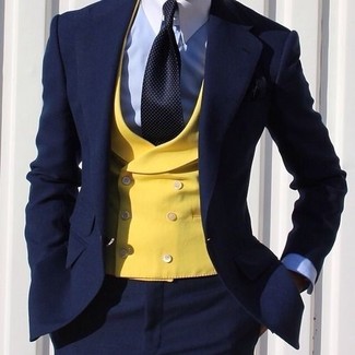 Gold Waistcoat Outfits: Dress to impress in a gold waistcoat and a navy suit.