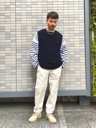 White and Navy Horizontal Striped Long Sleeve T-Shirt Outfits For Men: To create a casual outfit with a modern take, pair a white and navy horizontal striped long sleeve t-shirt with white chinos. Rounding off with beige suede desert boots is an effective way to bring a sense of class to your look.