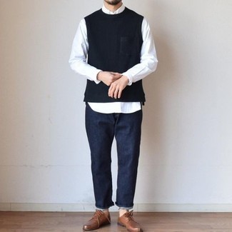 Men's Navy Sweater Vest, White Long Sleeve Shirt, Navy Jeans, Brown Leather Derby Shoes