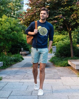 Blue Sweatshirt Outfits For Men: Consider wearing a blue sweatshirt and mint print shorts for a killer ensemble. Introduce a pair of white canvas low top sneakers to the equation and the whole look will come together.