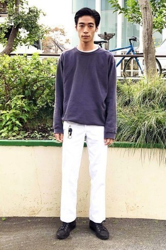 Blue Sweatshirt Outfits For Men: This casual pairing of a blue sweatshirt and white chinos couldn't possibly come across as anything other than devastatingly dapper. Let your outfit coordination expertise really shine by finishing off your ensemble with a pair of black leather casual boots.