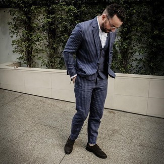 Navy and White Vertical Striped Suit Outfits: The collection of any gentleman should always include such staples as a navy and white vertical striped suit and a white dress shirt. A nice pair of dark brown suede double monks pulls this outfit together.