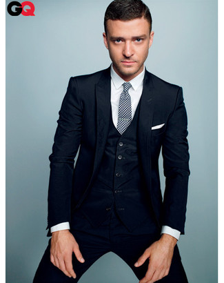 Justin Timberlake wearing Navy Three Piece Suit, White Dress Shirt, White and Black Gingham Tie, White Pocket Square