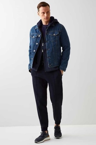 Navy Denim Jacket Fall Outfits For Men: 