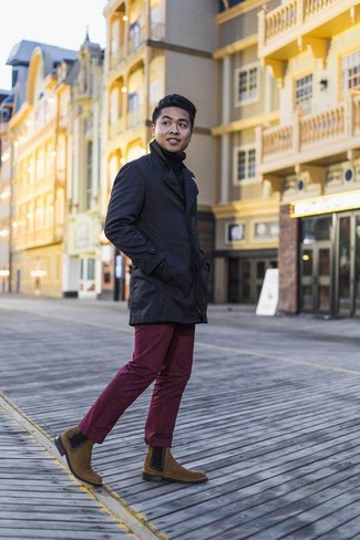 Burgundy Chinos Smart Casual Outfits: This combination of a navy trenchcoat and burgundy chinos is really a statement-maker. A pair of brown suede chelsea boots will put a different spin on an otherwise utilitarian look.